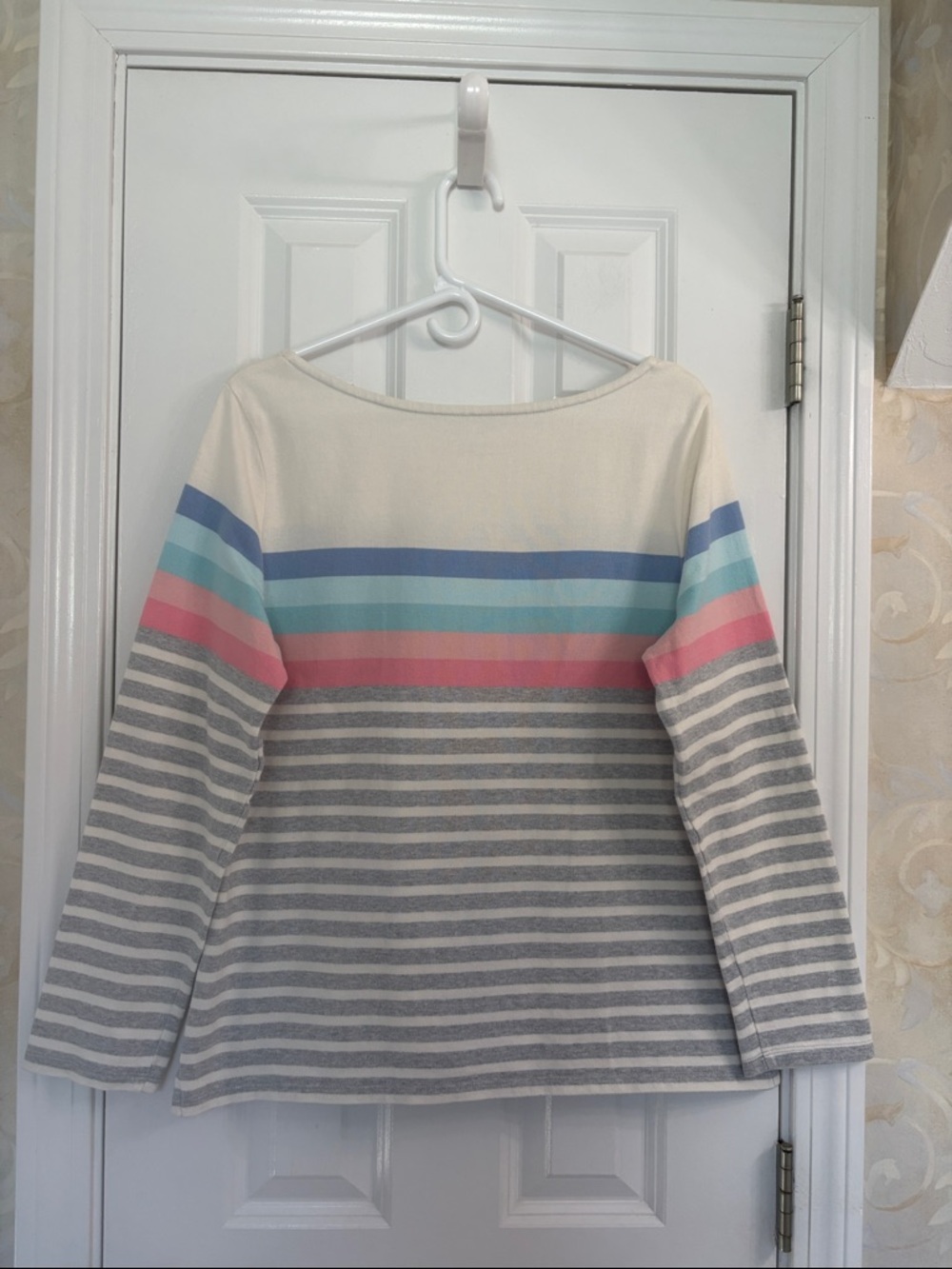 Talbots Cream Long‑Sleeve Striped Boatneck Top with Blue, Aqua & Pink Accents - Picture 8 of 9